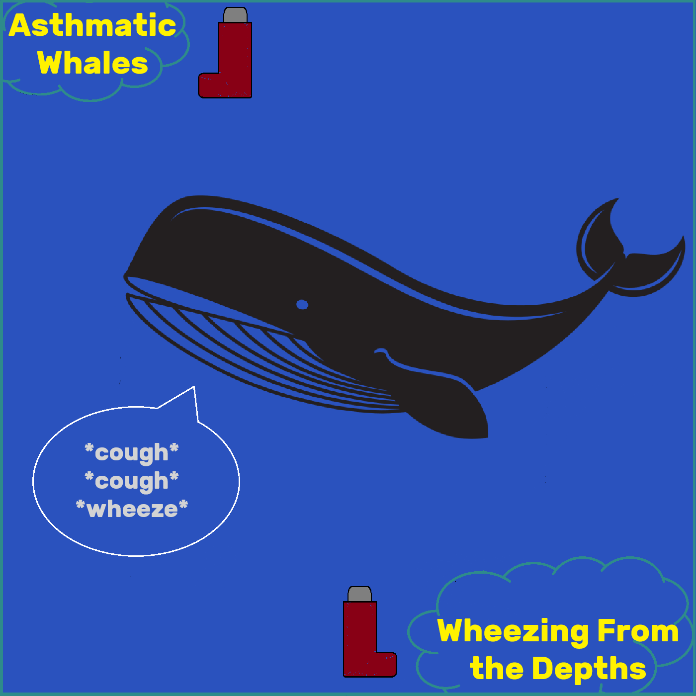 an wheezing whale swims across a blue ocean with inhalers floating around