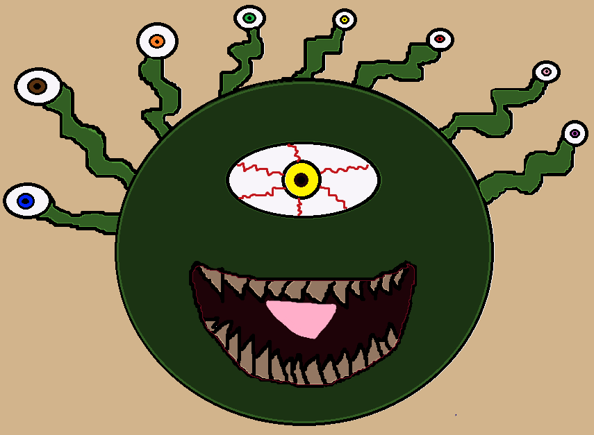 a nasty green beholder with eight eye stalks