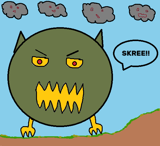 a cartoon of a weird, round, goblinoid creature yelling skree